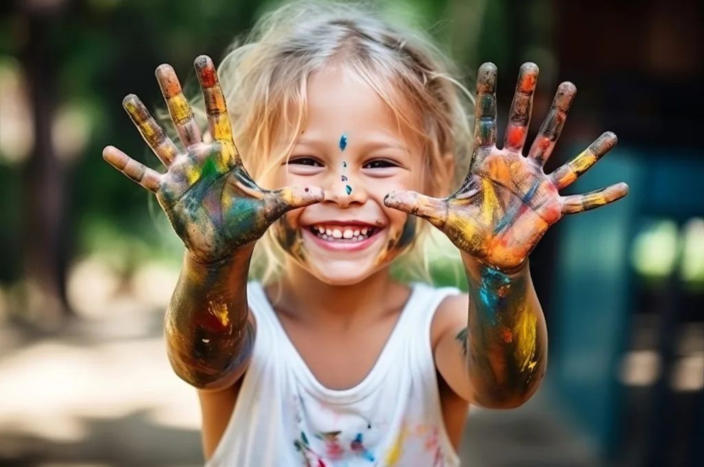play longworth education young child with hands covered in paint
